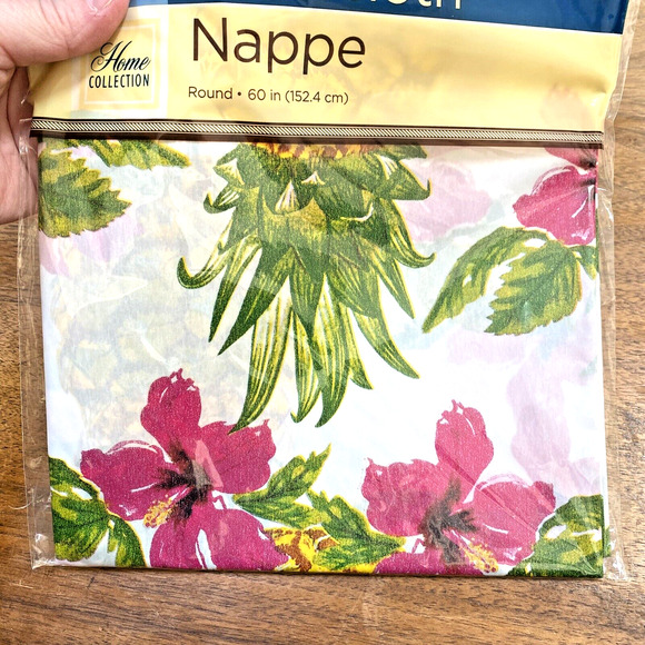 NEW Home Collection PEVA Flannel Backed Tablecloth 60” Round Floral Pineapples - Picture 5 of 5